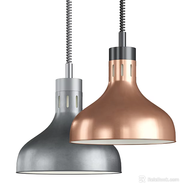Two Gray And Copper Metallic Finish Dome Shaped Ceiling Lights With Metal Rods 3d model 