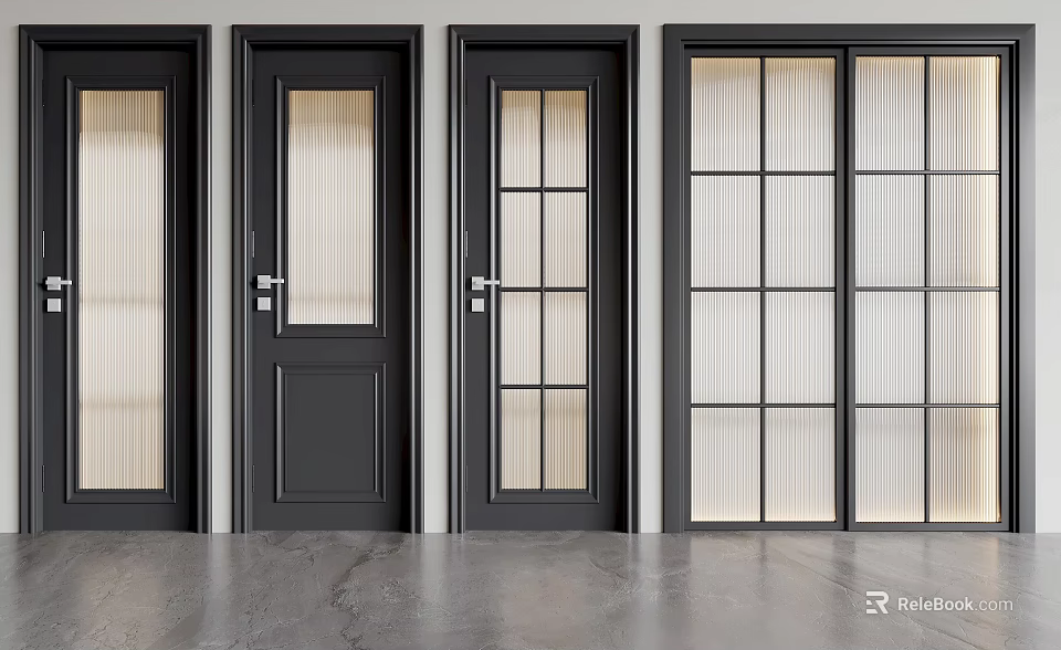 Modern Black Hinged Doors With Various Glass Panel Styles For Home Interior 3d model