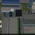 Aerial View Of Industrial Factory Buildings With Various Roofs Conveyor Systems And Green Lawns