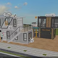 Modern Container Buildings Designed As Coffee Shop With Terrace Stairs And Welcome Sign