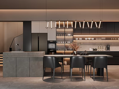 Modern Restaurant Interior With Dining Table Black Chairs Hanging Lights Decorative Plant And Open Kitchen 3d model