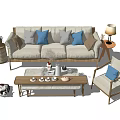 Modern Sofa Coffee Table Set With Blue Gray Pillows Tea Set And Side Table Lamp 3d model