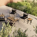 Outdoor Patio Woven Black Lounge Chairs With Wooden Tables And Green Plants