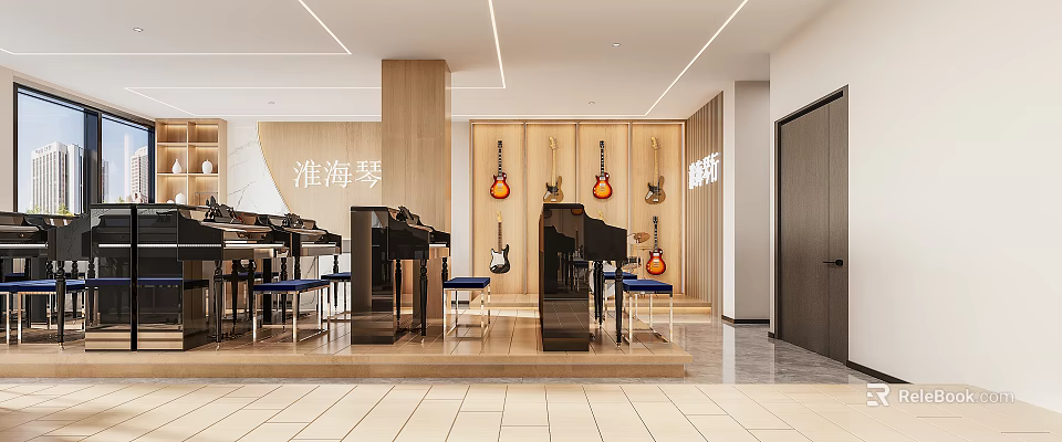 Musical Instrument Specialty Store With Pianos Guitars And Modern Interior 3d model 
