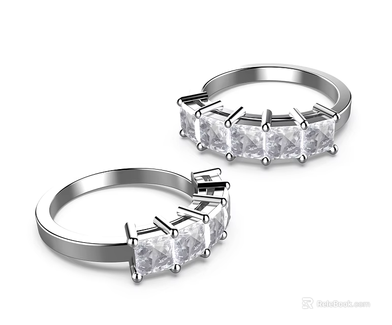 Elegant Silver Rings Featuring Square Clear Gemstones In Modern Inlaid Design 3d model 