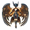 Game Movie Character With Metallic Wings Gold Black Armor And Glowing Details