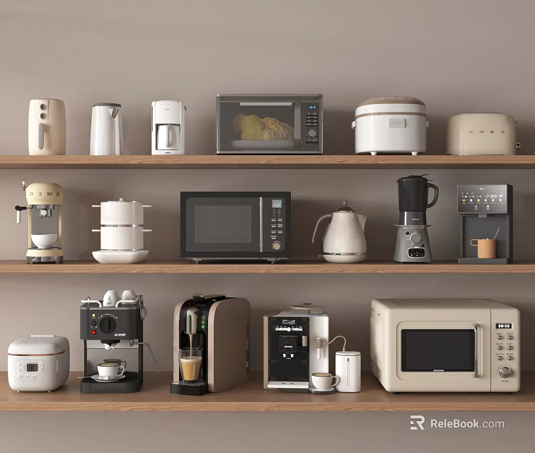 Essential Kitchen Appliances Including Microwave Rice Cooker Coffee Maker Toaster And Kettle On Wooden Shelves 3d model 