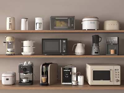 Essential Kitchen Appliances Including Microwave Rice Cooker Coffee Maker Toaster And Kettle On Wooden Shelves 3d model