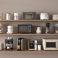 Essential Kitchen Appliances Including Microwave Rice Cooker Coffee Maker Toaster And Kettle On Wooden Shelves
