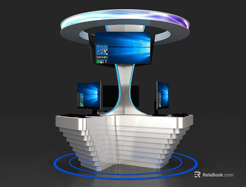Modern Reception Desk With Curved Design Multiple Screens And Blue Lighting 3d model 