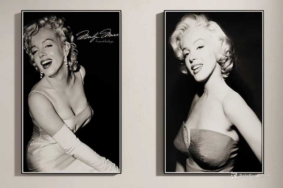 Two Vintage Black and White Marilyn Monroe Portrait Paintings Hanging on Wall 3d model 