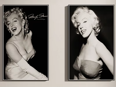 Two Vintage Black and White Marilyn Monroe Portrait Paintings Hanging on Wall 3d model