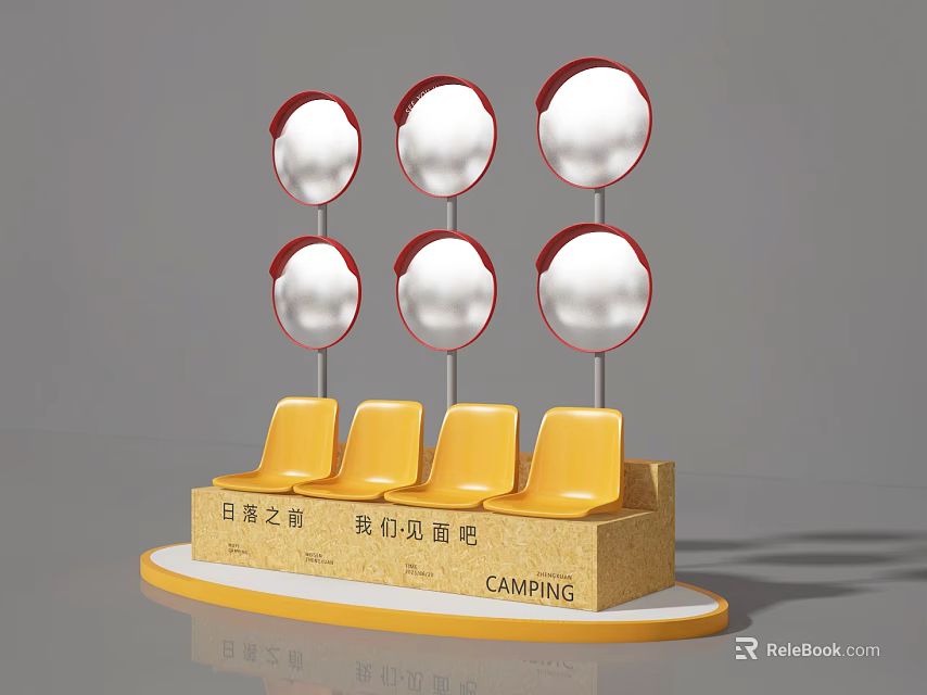 Window Display Featuring Circular Red Framed Decorations Yellow Seats And Camping Theme 3d model