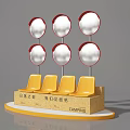 Window Display Featuring Circular Red Framed Decorations Yellow Seats And Camping Theme 3d model