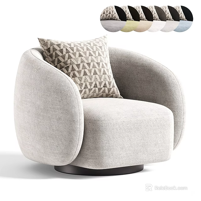Light Gray Single Seater Sofa Featuring Curved Design Geometric Pattern Pillow on Black Circular Base 3d model 