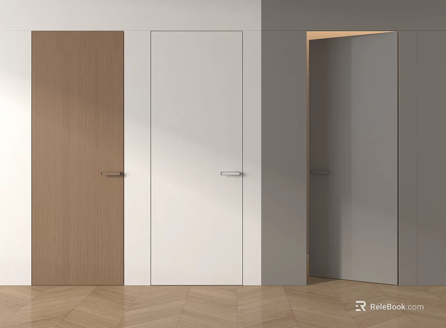 Modern Interior With Wooden White And Gray Hinged Doors In Open Style 3d model 