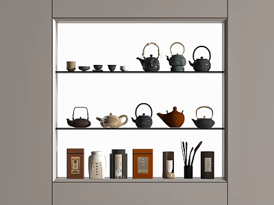 Elegant Tea Set Display with Teapots Teacups and Tea Caddies on Wooden Shelf 3d model