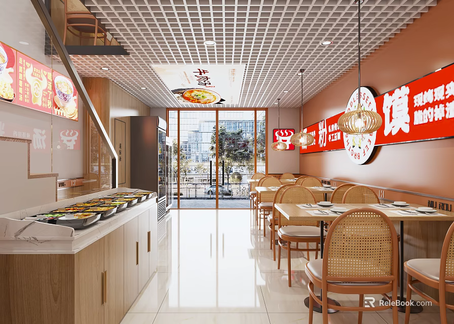 Modern Restaurant Interior With Wooden Tables Chairs Buffet Counter And Red Signs 3d model 