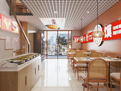 Modern Restaurant Interior With Wooden Tables Chairs Buffet Counter And Red Signs 3d model