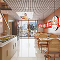 Modern Restaurant Interior With Wooden Tables Chairs Buffet Counter And Red Signs