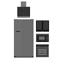 Stainless Steel Kitchen Appliances Including Refrigerator Microwave Oven And Range Hood