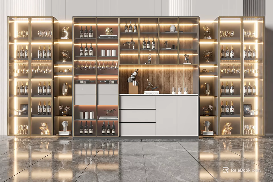 Elegant Modern Wine Cabinet Design With LED Lighting And Displayed Wine Bottles 3d model 