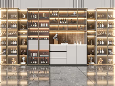 Elegant Modern Wine Cabinet Design With LED Lighting And Displayed Wine Bottles 3d model