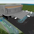 Modern Sales Office Building With Curved Roof Glass Curtain Wall And Entrance Water Feature