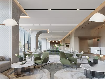 Modern Sales Office Interior With Green Chairs Round Tables Sofa Large Windows And Chandeliers 3d model