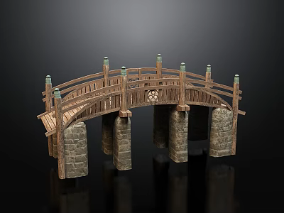 Wooden Bridge Structure With Stone Piers And Green Topped Railings Design 3d model