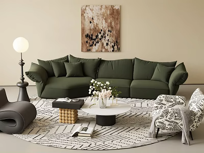 Stylish Green Sofa Set With Coffee Table Vase Flowers Floor Lamp And Abstract Painting 3d model