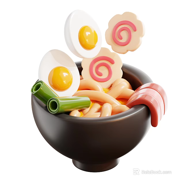 Delicious Bowl of Noodles with Fried Eggs Sausage Slices Green Onion and Fish Cake Swirls 3d model 