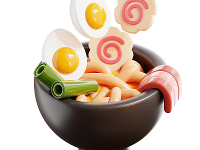 Delicious Bowl of Noodles with Fried Eggs Sausage Slices Green Onion and Fish Cake Swirls 3d model