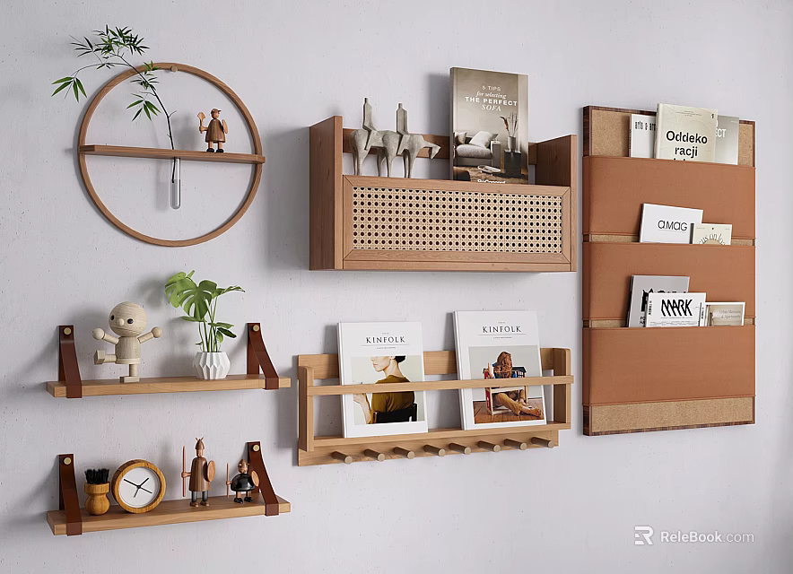 Wall Mounted Wooden Shelves With Decorative Items Plants Magazines And Small Ornaments 3d model 
