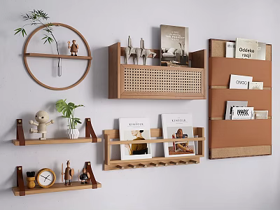 Wall Mounted Wooden Shelves With Decorative Items Plants Magazines And Small Ornaments 3d model