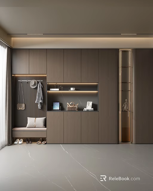 Modern Dark Wood Shoe Cabinet With Clothing Rack Bench Storage Shelves And Decorative Items 3d model 