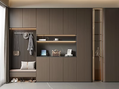 Modern Dark Wood Shoe Cabinet With Clothing Rack Bench Storage Shelves And Decorative Items 3d model