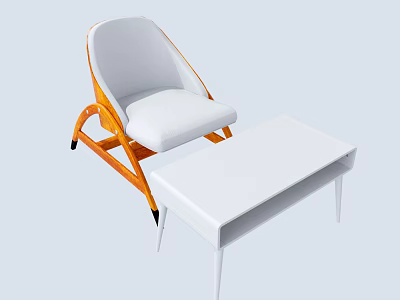 Modern Leisure Chair With White Cushion Wooden Frame And White Coffee Table 3d model
