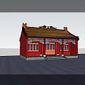 Ancient Architecture with Red Walls Yellow Roof Traditional Decorations Surrounded by Green Trees People Walking