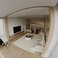 Modern Living Dining Interior Design Featuring Beige Sofa Wooden Walls Large Windows Round Coffee Table