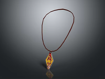 Brown Cord Necklace With Diamond Shaped Pendant And Yellow Red Patterns 3d model