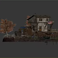 Cartoon Scene With Wooden Cabin Small Shed Orange Trees Boat American Flag And Wooden Dock