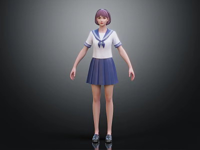 3D Model of a Woman in Sailor Uniform with Purple Hair and Blue Skirt 3d model