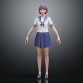 3D Model of a Woman in Sailor Uniform with Purple Hair and Blue Skirt