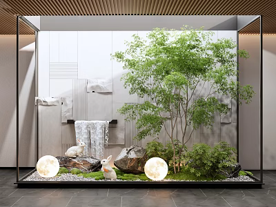 Indoor Landscape With Glass Enclosure White Wall Waterfall Stones Moss Green Tree And Illuminated Lights 3d model