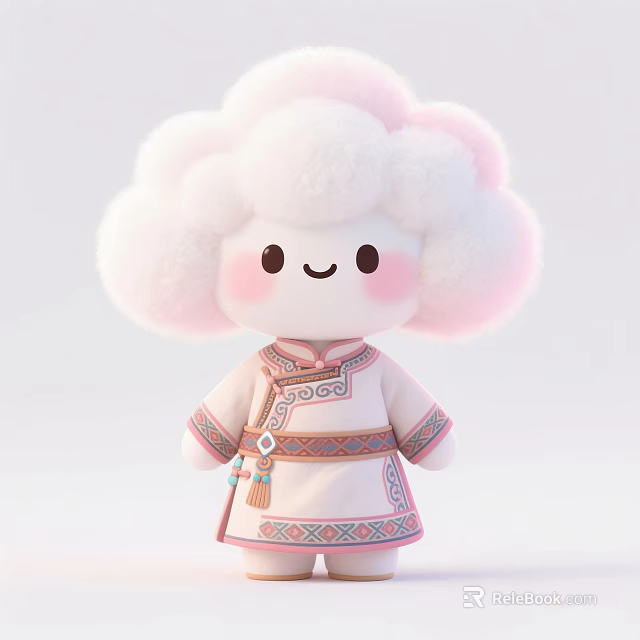 Cute Cloud Shaped Game Animation Character With Fluffy White Pink Hair And Traditional Outfit 3d model 