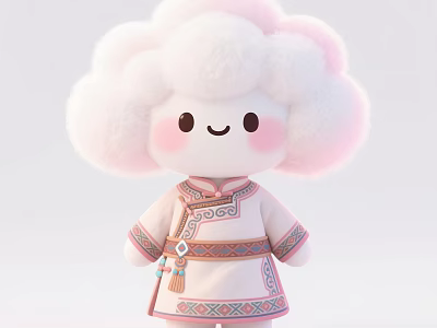 Cute Cloud Shaped Game Animation Character With Fluffy White Pink Hair And Traditional Outfit 3d model