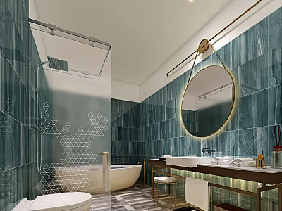 Hotel Bathroom Interior With Blue Tiled Walls Round Gold Frame Mirror Bathtub And Shower 3d model