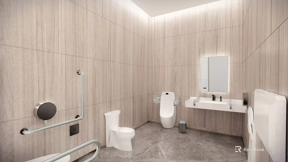 Public Restroom Interior With Wood Grain Walls Gray Marble Flooring Toilet Urinal And Sink Mirror 3d model 