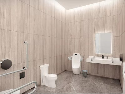 Public Restroom Interior With Wood Grain Walls Gray Marble Flooring Toilet Urinal And Sink Mirror 3d model